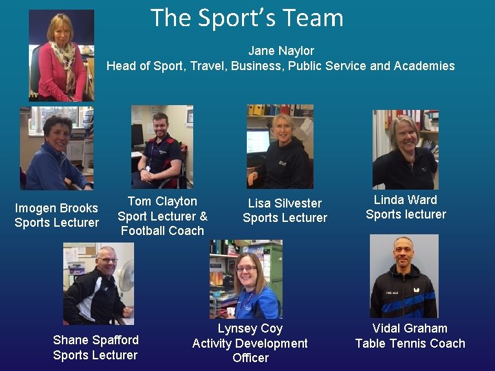 The Sport’s Team Jane Naylor Head of Sport, Travel, Business, Public Service and Academies