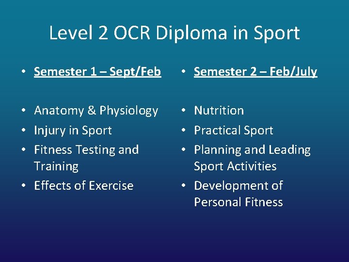 Level 2 OCR Diploma in Sport • Semester 1 – Sept/Feb • Semester 2