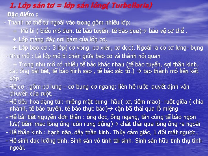 1. Lớp sán tơ = lớp sán lông( Turbellaria) Đặc điểm : - Thành