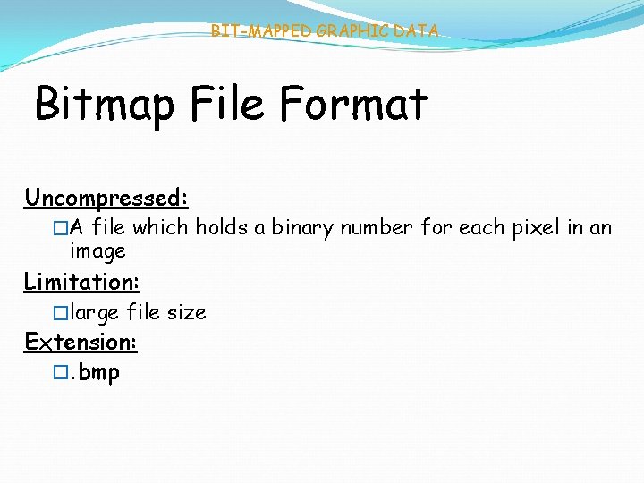 BIT-MAPPED GRAPHIC DATA Bitmap File Format Uncompressed: �A file which holds a binary number