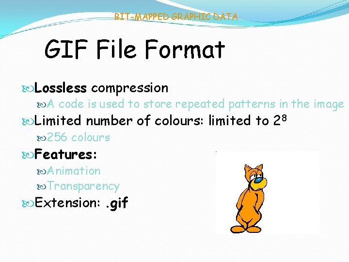 BIT-MAPPED GRAPHIC DATA GIF File Format Lossless compression A code is used to store