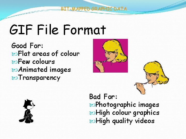 BIT-MAPPED GRAPHIC DATA GIF File Format Good For: Flat areas of colour Few colours