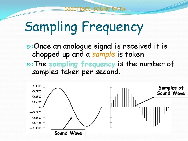 DIGITISED SOUND DATA Sampling Frequency Once an analogue signal is received it is chopped