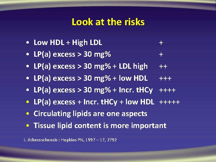 Look at the risks • • Low HDL + High LDL + LP(a) excess