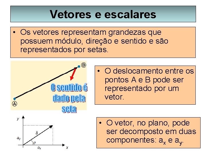 Vetores e escalares • Os vetores representam grandezas que possuem módulo, direção e sentido