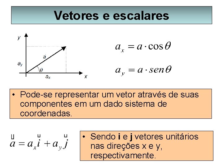 Vetores e escalares • Pode-se representar um vetor através de suas componentes em um