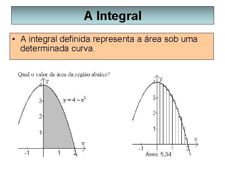 A Integral • A integral definida representa a área sob uma determinada curva. 