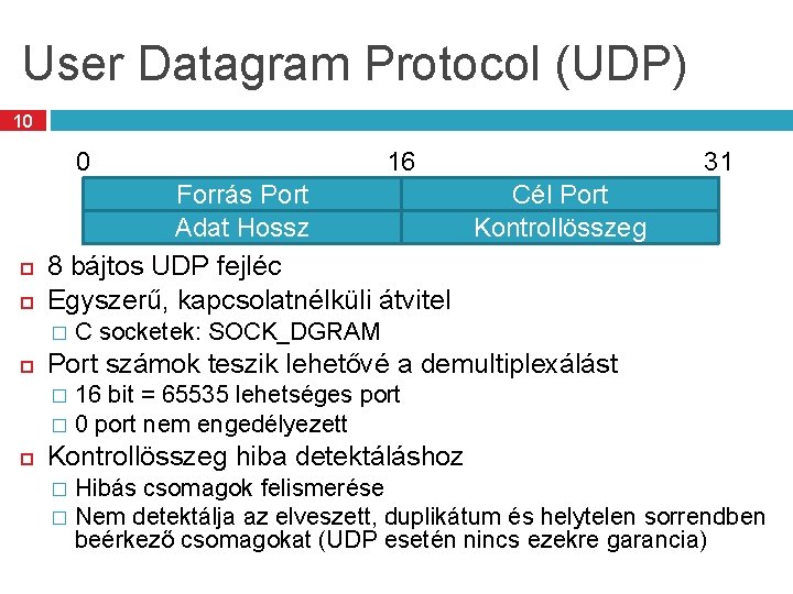 User Datagram Protocol (UDP) 10 0 31 Cél Port Forrás Port Kontrollösszeg Adat Hossz