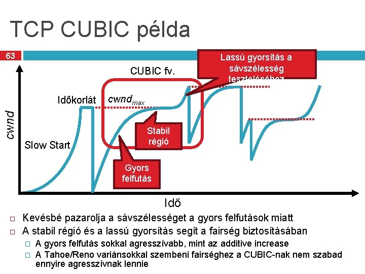 TCP CUBIC példa 63 CUBIC fv. cwnd Időkorlát Slow Start Lassú gyorsítás a sávszélesség