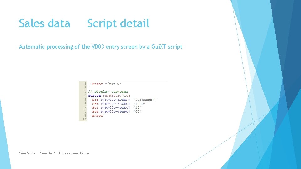 Sales data Script detail Automatic processing of the VD 03 entry screen by a