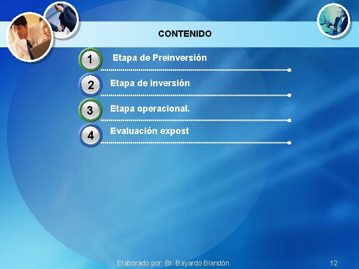 CONTENIDO 1 Etapa de Preinversión 2 Etapa de inversión 3 Etapa operacional. 4 Evaluación