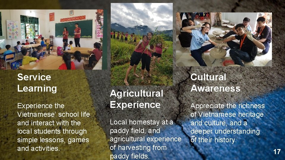 Service Learning Experience the Vietnamese’ school life and interact with the local students through