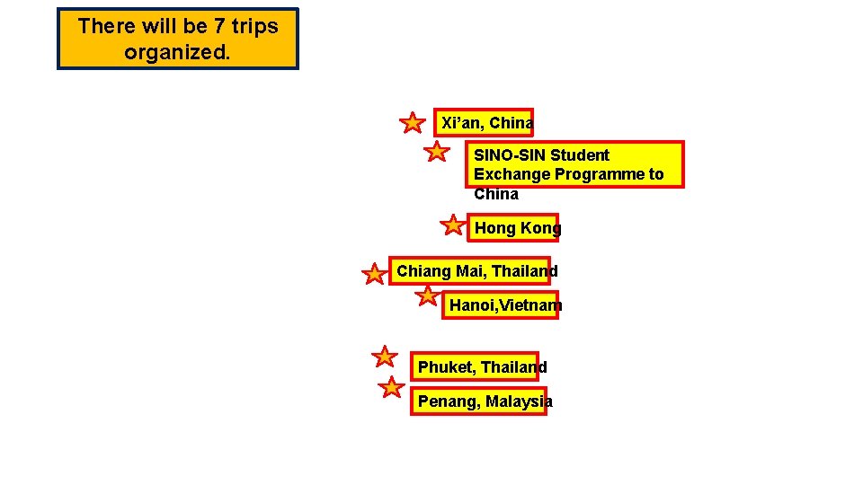 There will be 7 trips organized. Xi’an, China SINO-SIN Student Exchange Programme to China