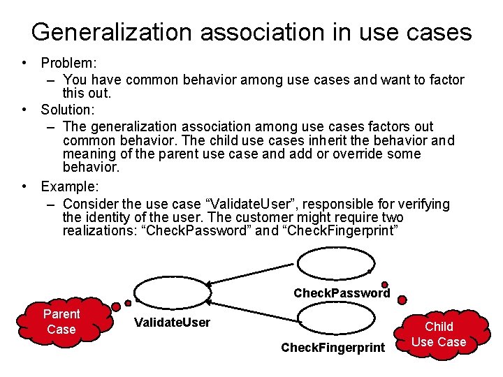 Generalization association in use cases • Problem: – You have common behavior among use