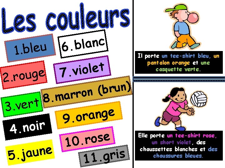 Les couleurs en français: u e l b. 1 e g u o 2.