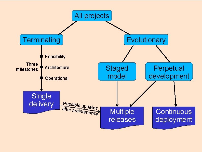 All projects Terminating Evolutionary Feasibility Three milestones Architecture Operational Single delivery Possible updates after