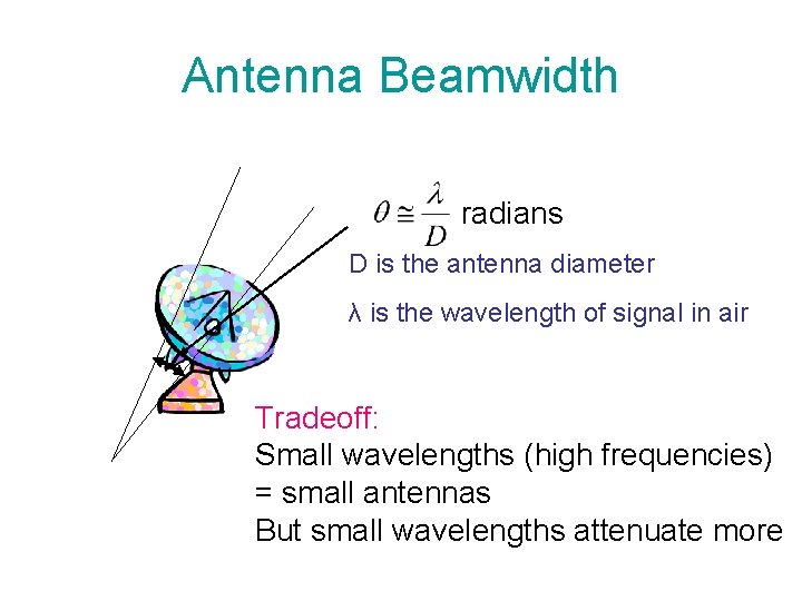 Antenna Beamwidth radians D is the antenna diameter λ is the wavelength of signal