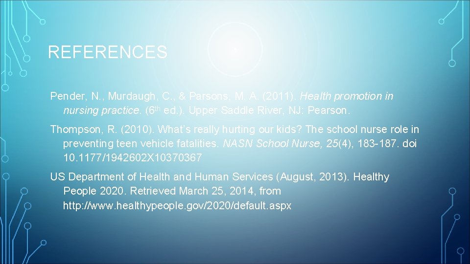 REFERENCES Pender, N. , Murdaugh, C. , & Parsons, M. A. (2011). Health promotion