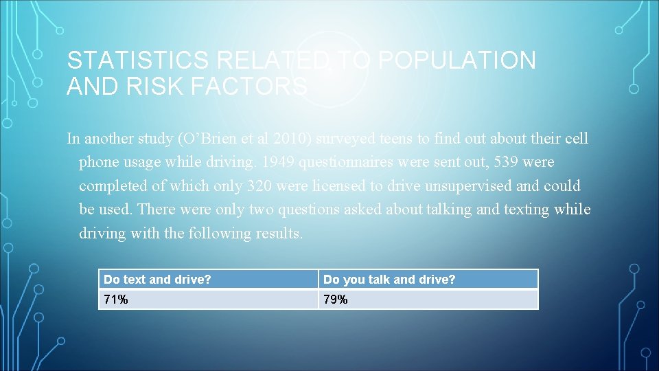 STATISTICS RELATED TO POPULATION AND RISK FACTORS In another study (O’Brien et al 2010)