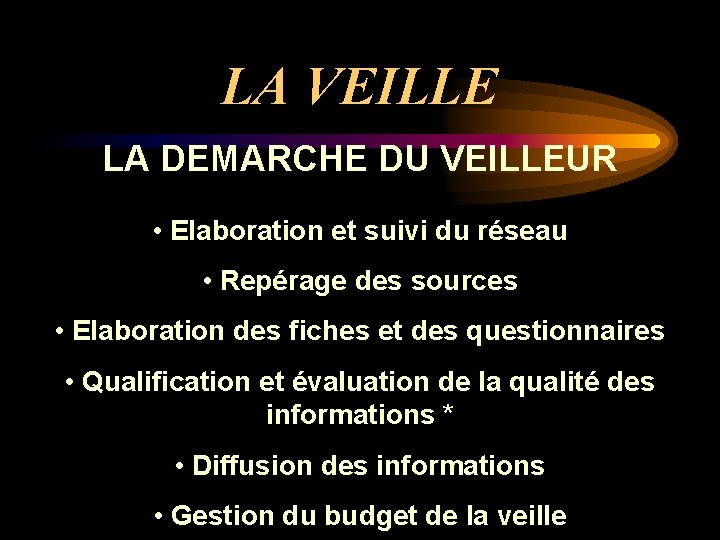 LA VEILLE LA DEMARCHE DU VEILLEUR • Elaboration et suivi du réseau • Repérage