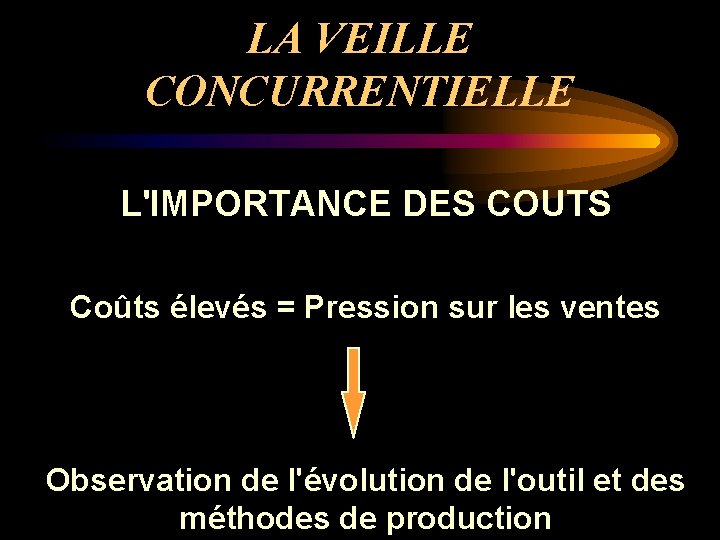 LA VEILLE CONCURRENTIELLE L'IMPORTANCE DES COUTS Coûts élevés = Pression sur les ventes Observation