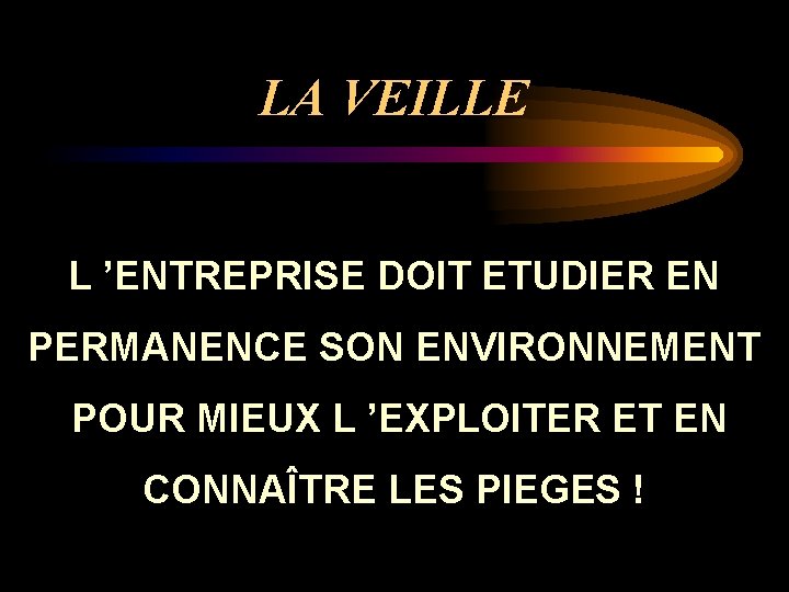 LA VEILLE L ’ENTREPRISE DOIT ETUDIER EN PERMANENCE SON ENVIRONNEMENT POUR MIEUX L ’EXPLOITER