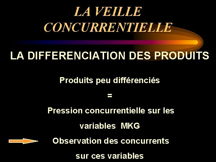 LA VEILLE CONCURRENTIELLE LA DIFFERENCIATION DES PRODUITS Produits peu différenciés = Pression concurrentielle sur