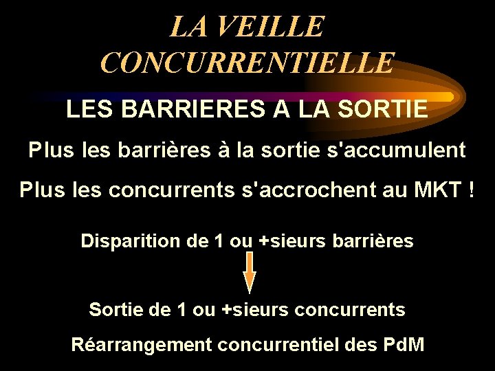 LA VEILLE CONCURRENTIELLE LES BARRIERES A LA SORTIE Plus les barrières à la sortie