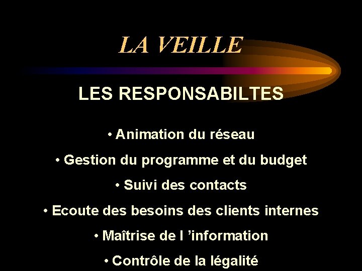 LA VEILLE LES RESPONSABILTES • Animation du réseau • Gestion du programme et du