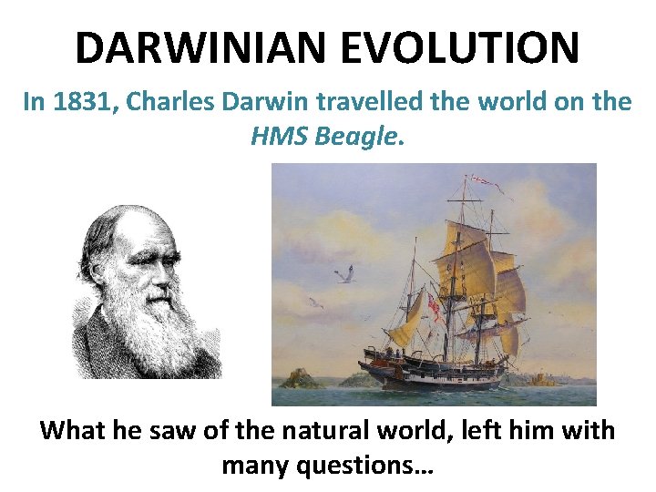 DARWINIAN EVOLUTION In 1831, Charles Darwin travelled the world on the HMS Beagle. What