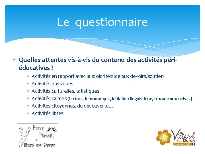 Le questionnaire Quelles attentes vis-à-vis du contenu des activités périéducatives ? Activités en rapport