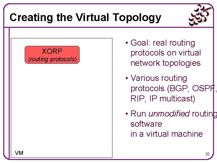 Creating the Virtual Topology XORP (routing protocols) • Goal: real routing protocols on virtual