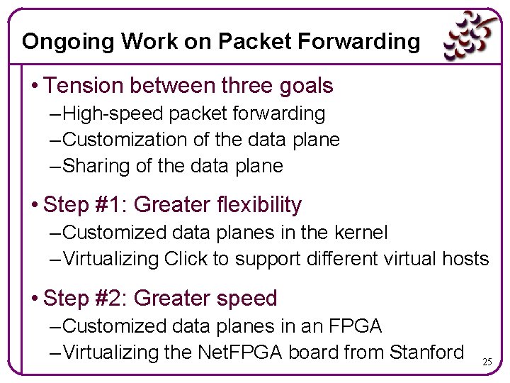 Ongoing Work on Packet Forwarding • Tension between three goals – High-speed packet forwarding