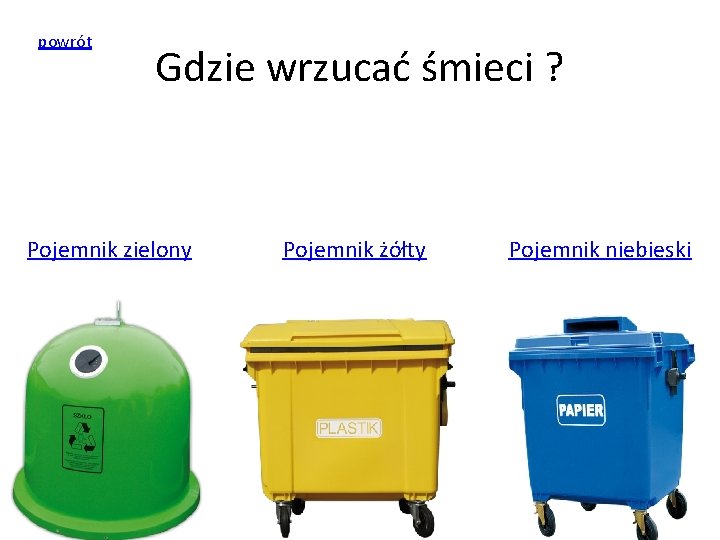 powrót Gdzie wrzucać śmieci ? Pojemnik zielony Pojemnik żółty Pojemnik niebieski 