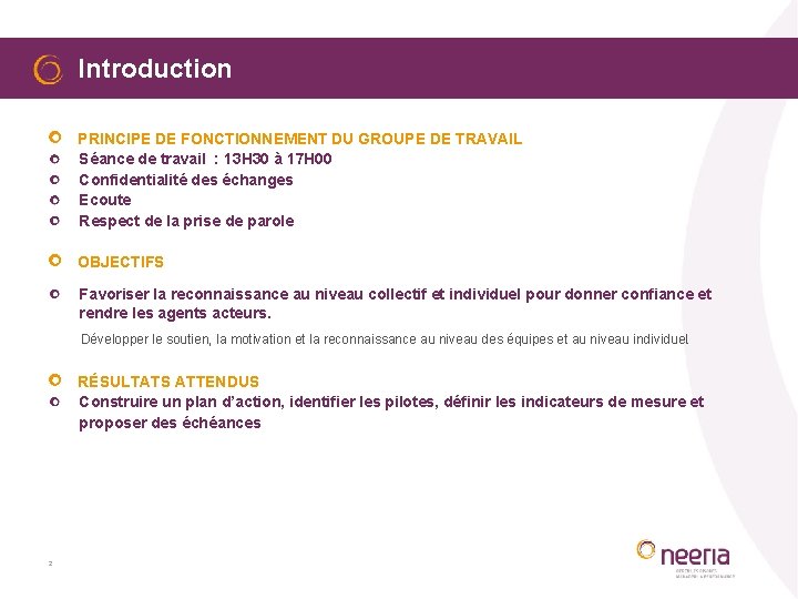 Introduction PRINCIPE DE FONCTIONNEMENT DU GROUPE DE TRAVAIL Séance de travail : 13 H