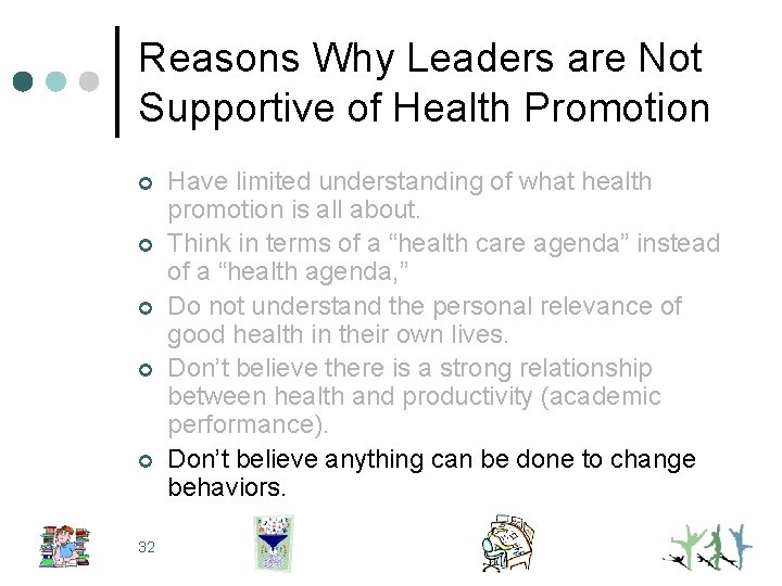 Reasons Why Leaders are Not Supportive of Health Promotion ¢ ¢ ¢ 32 Have