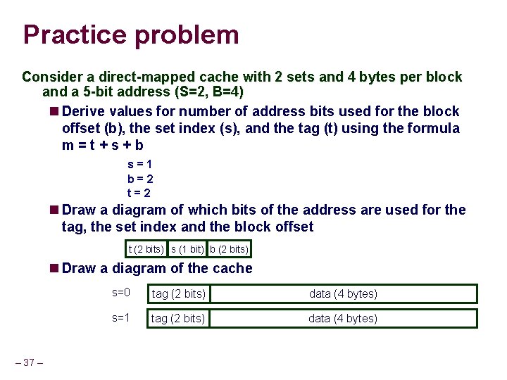 Practice problem Consider a direct-mapped cache with 2 sets and 4 bytes per block