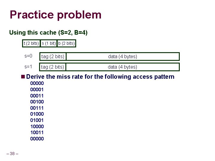 Practice problem Using this cache (S=2, B=4) t (2 bits) s (1 bit) b