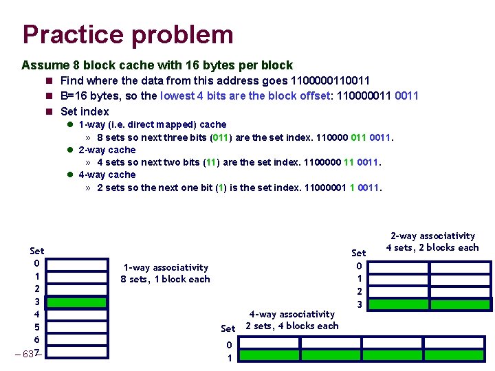 Practice problem Assume 8 block cache with 16 bytes per block Find where the