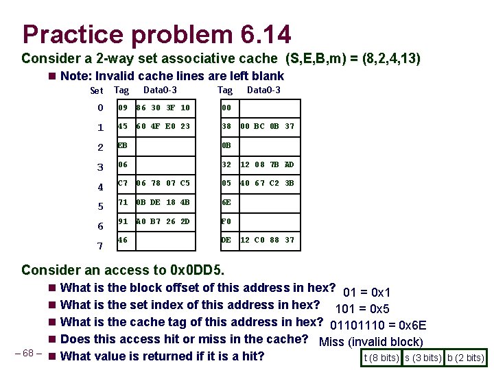 Practice problem 6. 14 Consider a 2 -way set associative cache (S, E, B,