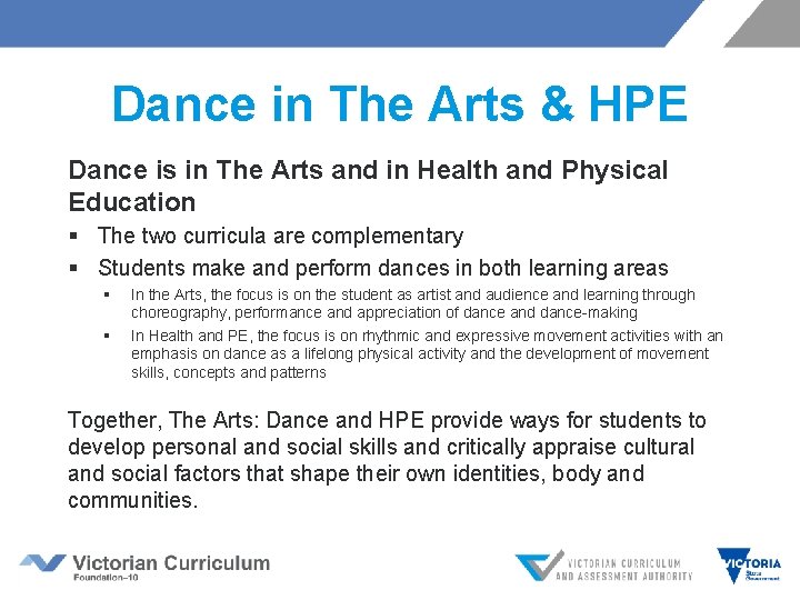 Dance in The Arts & HPE Dance is in The Arts and in Health