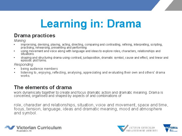 Learning in: Drama practices Making • • • improvising, devising, playing, acting, directing, comparing