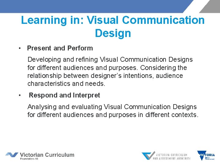 Learning in: Visual Communication Design • Present and Perform Developing and refining Visual Communication