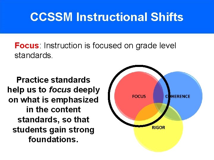 CCSSM Instructional Shifts Focus: Instruction is focused on grade level standards. Practice standards help