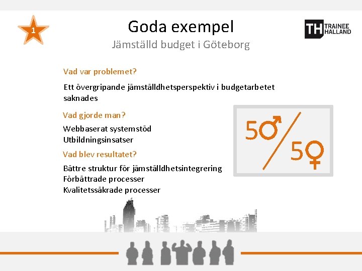 Goda exempel 1 Jämställd budget i Göteborg Vad var problemet? Ett övergripande jämställdhetsperspektiv i