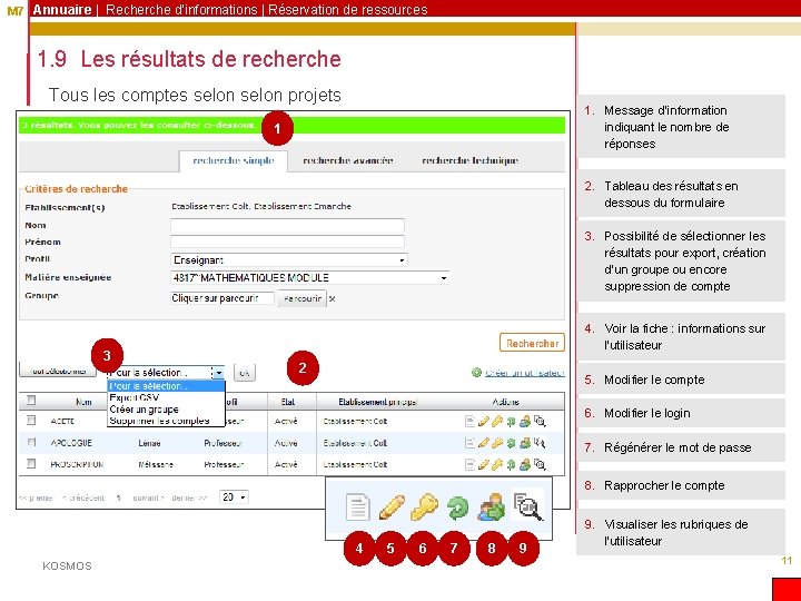 M 7 Annuaire | Recherche d’informations | Réservation de ressources 1. 9 Les résultats