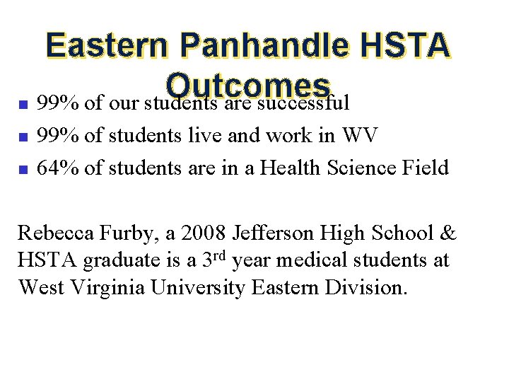 Eastern Panhandle HSTA Outcomes n 99% of our students are successful n n 99%