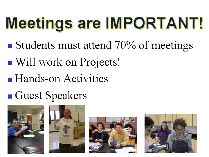 Meetings are IMPORTANT! Students must attend 70% of meetings n Will work on Projects!