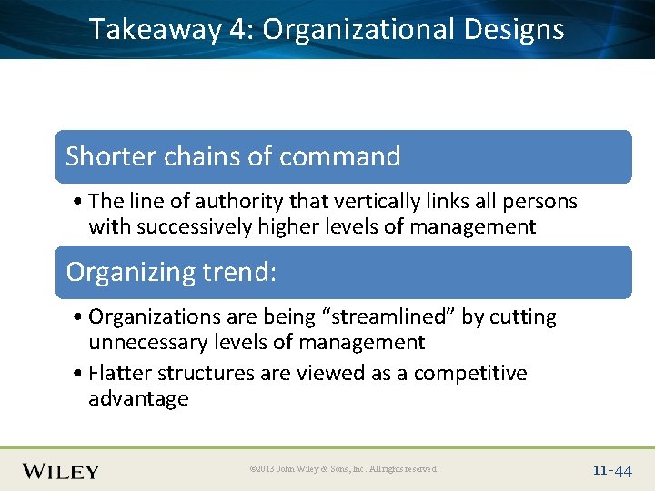Place. Takeaway Slide Title 4: Text Here Organizational Designs Shorter chains of command •