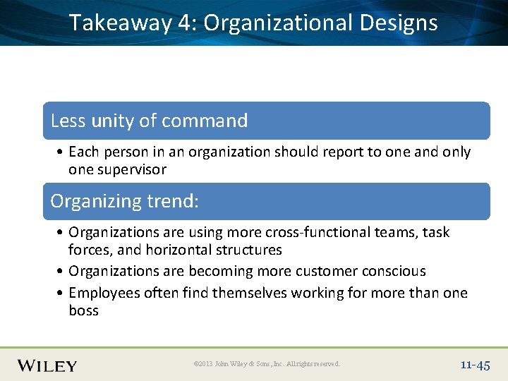 Place. Takeaway Slide Title 4: Text Here Organizational Designs Less unity of command •